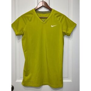 Nike Pro Combat Dri-FIT Fitted V-Neck Shirt Mens Medium Neon Yellow Volt Green